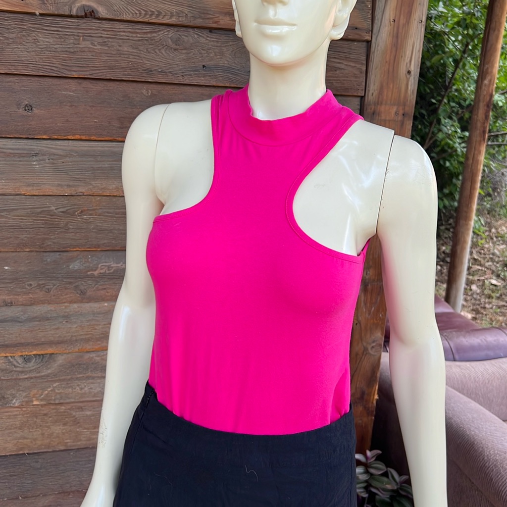 Nasty Gal Racer Neckline Jersey High Leg Bodysuit Fushia